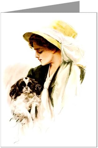 Single Greeting Card of Harrison Fisher's Celebrated Illustrations Of Women this one featuring an American Beauty holding a Cavalier King Charles puppy
