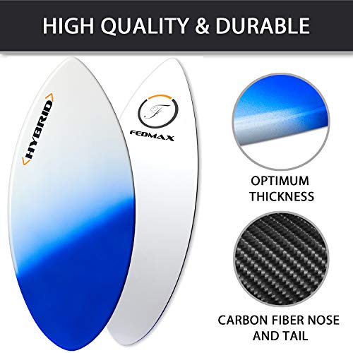 Fedmax Skimboard with Carbon Fiber Tips and Fiberglass Body Hybrid | with Traction Grip Set | Ultimate Tips Manual (Blue, 44 in. (50lbs. to 130lbs.))