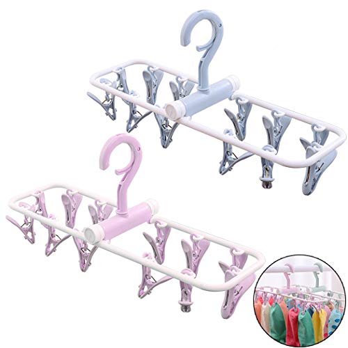 Creatiee 2 Pack Folding Portable Travel Clip, Drip Drying Hanger Rack with 12 Clips for Clothes Socks Underwear - Windproof & Space Saving (Light Blue + Light Purple)
