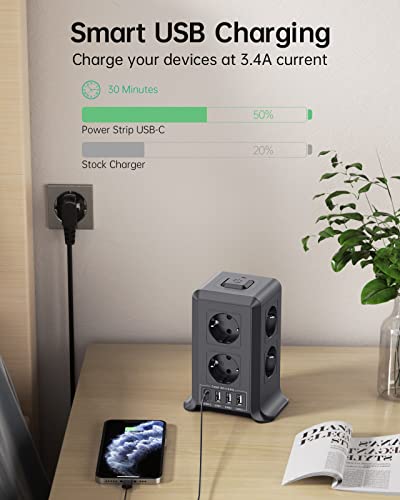 Sameriver 5M Tower Power Strips Sockets, USB Power Strip 8 AC Outlets and 4 USB Multiple Plug, 2500W/10A, Power Strip Sockets Surge Protection, Vertical Strips with Switch for Table, Home, Black