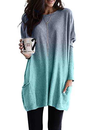 FIYOTE Women Casual Ladies Omber Long Sleeve Pocket T Shirts Blouses Sweatshirts Tops XX-Large Blue