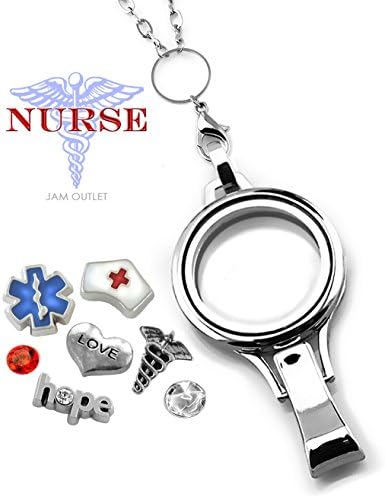 NURSE Memory Locket Lanyard ID / Badge Holder Set BLUE Floating Charms, Rolo Chain, Gift Box