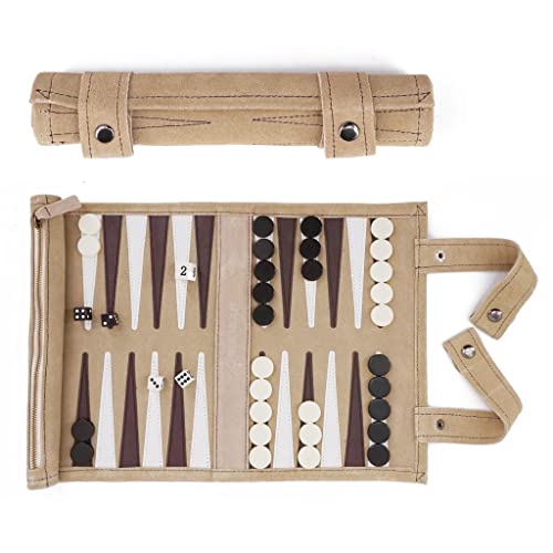 Sondergut Roll-up Portable Suede Backgammon Game Set - for Adults & Children - Ideal for RV Travel, Cruise, Airplane, Camping, Backpacking, Road Trips, Etc. Multiple Colors (Cream)