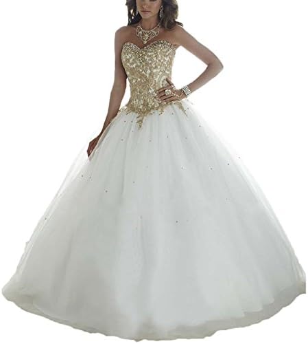 Thrsaeyi Women's 2016 Gold Lace Ball Gown Wedding Dresses for Bride Quinceanera Gown