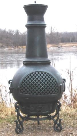 The Blue Rooster CAST Aluminum Gatsby Chiminea with Gas and a 10' Hose in Antique Green. Also Comes with a Free Year Round Cover.