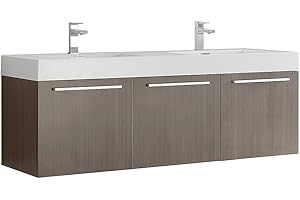 Fresca Vista 60 Inch Gray Oak Wall Hung Modern Double Bathroom Vanity - Includes Integrated White Sink with 3 Cabinets - Faucet Not Included - FCB8093GO-D-I