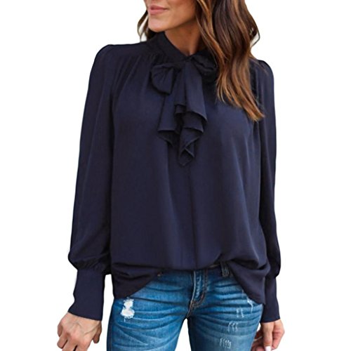 Women 2018 New Fashion Bowknot Long Sleeve Chiffon Blouse Tops Ladies Elegant Shirts for Work Office (Navy, XL)