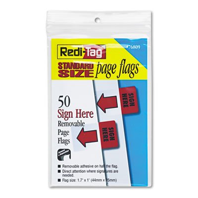 Redi-Tag Products - Redi-Tag - Removable/Reusable Page Flags, Sign Here, Red, 50/Pack - Sold As 1 Pack - Flag it, remove it, reuse it! - Color-code files or flag important messages. - Works with ballpoint pen, pencil or permanent marker. - 500 flags per