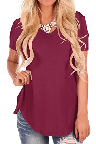 Niashot Women Solid Comfy Loose Fit Short Sleeve V Neck Lightweight Top Tee Burgundy 2XL