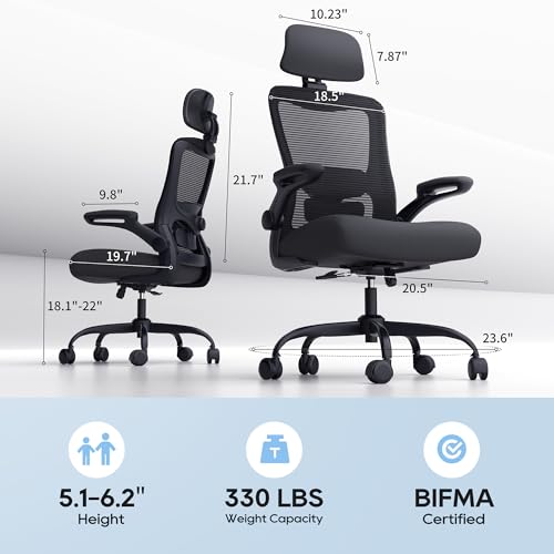 Ergonomic Office Chair for Long Hours, Adjustable Padded Lumbar Support for Lower Back Relief, 330 lb Capacity, Comfortable Computer Desk Chair for Home Office, Work & Study