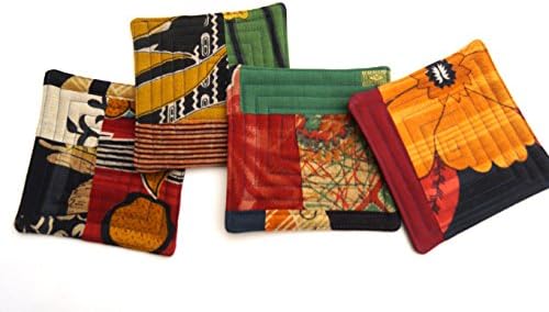 Colorful Quilted Patchwork Coasters Set in Sari Fabric Scraps