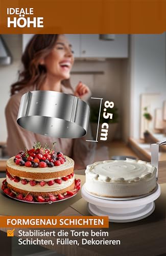 4smile Adjustable Cake Ring - Stainless Steel, 8.5 cm High - Made in Germany Cake Ring, Clips for Fixing - Heavy Duty Spring Shaped Replacement Ideal for Cake Creations, 16 to 30 cm, Matt Silver