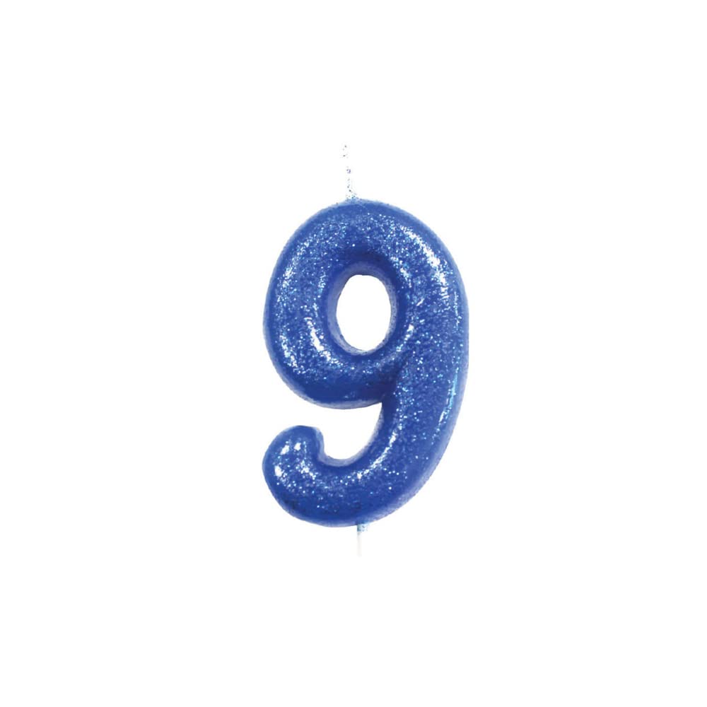 Anniversary House Colourful Blue Glitter Number 9 Cake Candle for Birthday and Anniversary Decorations - Elegant Birthday Candle for Cake - Stylish Silver Number Candle Topper 7 cm