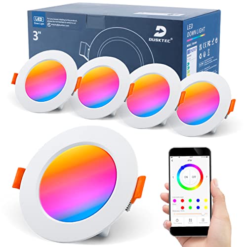 DUSKTEC LED Downlights Ceiling RGB, Smart Recessed Spot Lights Dimmable 7W 3 inch, Colour Change White Spotlights IP44 Waterproof for Bathroom Bedroom, Bluetooth APP Controlled, 4 Pack