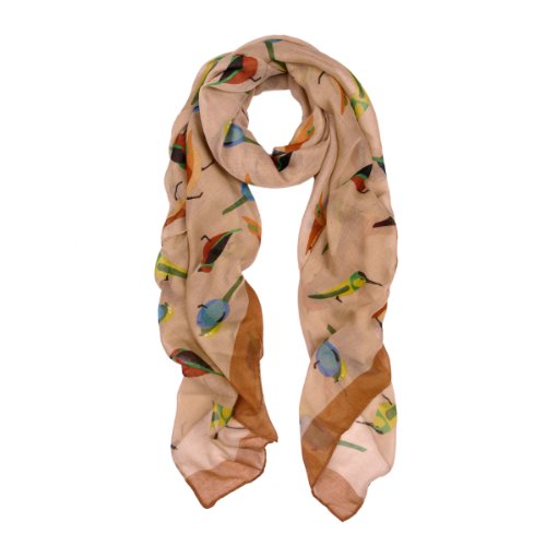 Elegant Birds Print Fashion Scarf, Tan