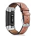 Mornex Leather Band Compatible with Charge 3 and Charge 4, Metal Silver Connectors and Brown Leather
