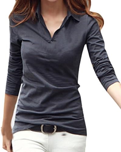 Womens Long Sleeve Polo Shirts Cotton V Neck Solid Color Tops Tshirt Large Grey