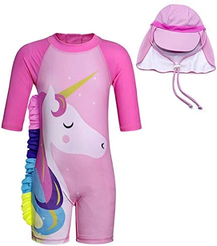 Unicorn Swimwear Girls One Pieces Rash Guard Set Flamingo Sun Suits with Sun Hat UPF 50+