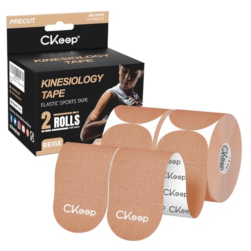 CKeep Kinesiology Tape, 2 Rolls Cotton Latex Free Hypoallergenic Elastic Precut Strips, 2 Inch Wide Waterproof Athletic Tape for Knees Pain Injuries Sprains, Beige