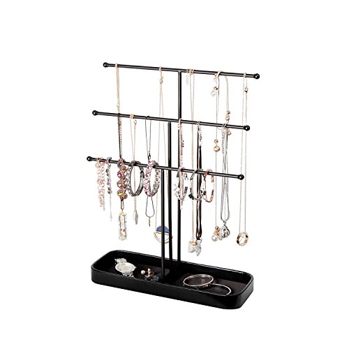 JackCubeDesign Metal 3 Tier Jewelry Display Stand Tree Organizer Necklace Holder Rack Hanger Accessory Tower with Earring Ring Tray Storage for Dresser, Vanity, Tabletop, Bedroom (Black) -MK320D - Thumbnail 7