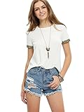 ROMWE Womens Embroidery Trim Short Sleeve Tee Shirt Tops Blouse White S