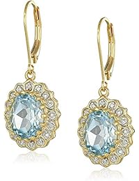 18K Gold Plated Sterling Silver Sky Blue Topaz and Diamond Halo Accent Leverback Dangle Earrings or Ring