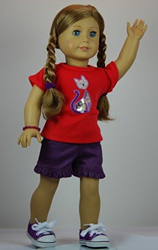 Sparkle Lavender Cat 5 pc Shorts Outfit includes Sneakers and fits 18 inch American Girl dolls.