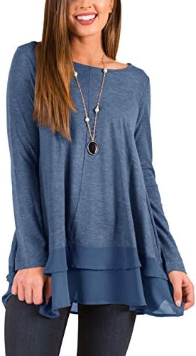 PRETTODAY Women's Casual Tunic Tops Crew Neck Shirts Chiffon Hemline Loose Blouses