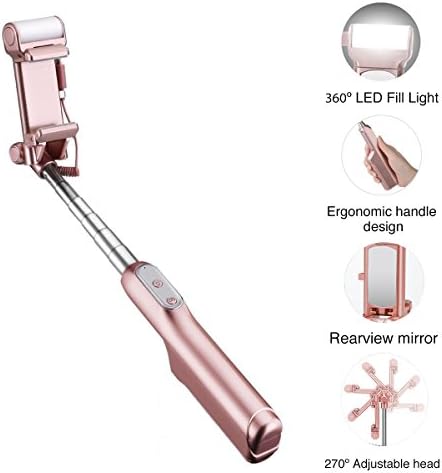 Wisdorigin Selfie Stick Bluetooth, with 360 Degree LED Fill Light and Rear Mirror Adjustable Head & Carrying Bag for iPhone X/8/8P/7/7P Samsung Galaxy s7 Edge/s4 Android System Phones(Rose Gold)