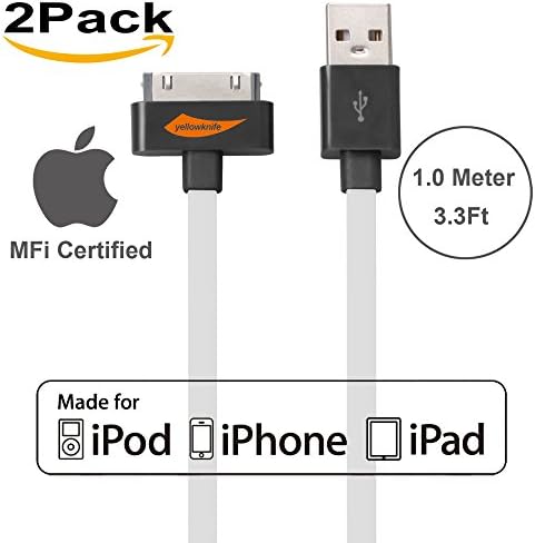 [Apple MFI Certified] 2Pack Yellowknife 3.3ft/1m Noodle Flat 30Pin to USB Data Sync Charger Cable Charging Cord for Apple for iPhone 4s 4 3GS iPad 1 2 3 (2Pack-White)