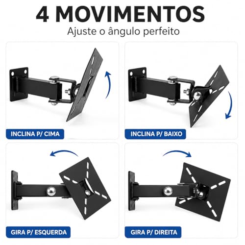 Suporte de TV Articulado de Parede 10 a 55 Polegadas Universal Inclinável Giratório 4 Movimentos para LED LCD OLED Smart TV 4K Plasma Suporta até 40kg com Kit de Instalação