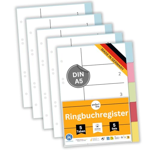 perfect line 5 Pack 5-Part Colour Index DIN-A5 with Cover Page (5x5), 16.3 x 21.5 cm (6.42 x 8.47 in) Folder dividers in 5 Colours, 160 g/m², Perfect Organisation for Office & Home