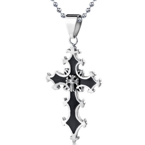 Stainless Steel Medieval Gothic Cross Pendant with Black Resin Inlay on a Stainless Steel Ball Chain