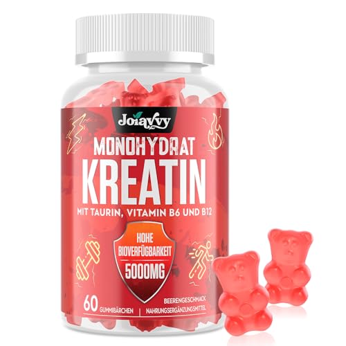 Joiavvy Creatin Monohydrat 5000mg Pro Portion, Gummibärchen für Männer und Frauen, mit Taurin, Vitamin B6 und B12, Vegan, Beerengeschmack (60 Stück (1