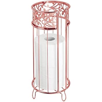 mDesign Decorative Free Standing Toilet Paper Holder Stand with Storage for 3 Rolls of Toilet Tissue - for Bathroom/Powder Room - Holds Mega Rolls - Durable Metal Wire - Rose Gold