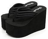 IDIFU Women's Comfy Wedge Platform Thong Sandals With Heels Beach Holiday Summer Flip Flops Black 8 B(M) US
