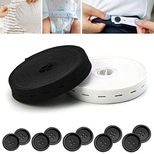 Suncoolla 12M Black/White 2cm Button Hole Elastic Band Strap Ribbon with 10pcs Buttons for DIY Pregnant Pants Waist Adjustable Sewing Accessory (6M for Each Color))