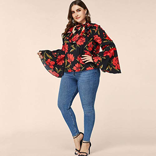 jiumoji Women Trumpet Sleeve Blouse Frint Tie Neck Floral Printing Tops Large Size Loose Elegant Shirt (-Red, XXXL)
