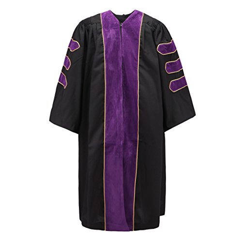 Unisex Deluxe Doctoral Graduation Gown with Gold Piping,Black Fabric and Purple Velvet