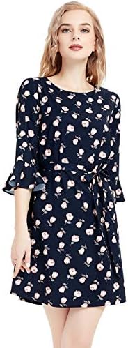 Basic Model Women's Vintage Long Sleeve/Three Quarter Bell Sleeve Floral Casual Tunic Midi Dress with Belt