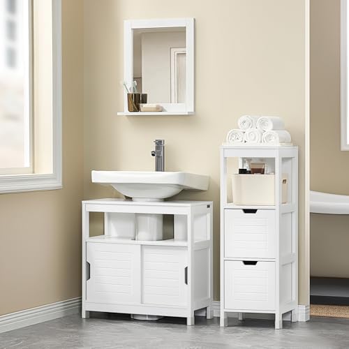 SoBuy Mueble para Baño Armario Baño Lavabo Mueble Bajo Lavamanos Armario Organizador Pedestal Sink Cabinet Ideal para Almacenamiento y Organización del Baño(Desagüe al Suelo, Blanco FRG128-II-W)