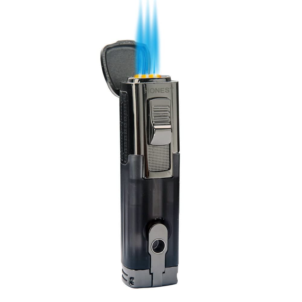 PROMISE Triple Jet Flame Lighter Refillable Butane Torch Windproof Lighter with Cigar punch - Butane Not Included (Black-E)
