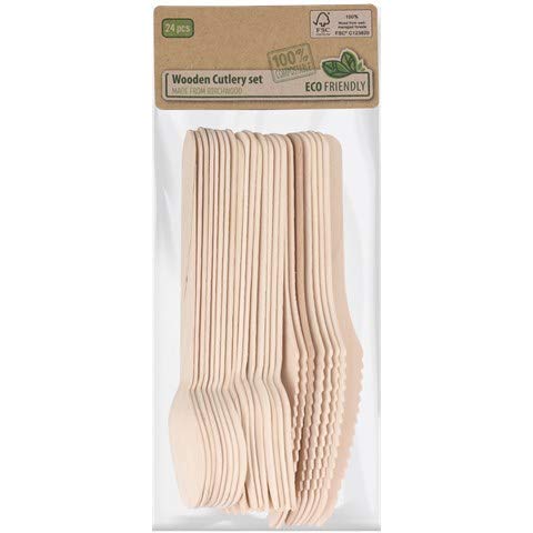 AM Zestaw sztućców z drewna, nóż, widelec, łyżki, 24-częściowy, 100% Natural Material, zawiera 8 noży, widelców i łyżek, drewniane sztućce, jednorazowe sztućce
