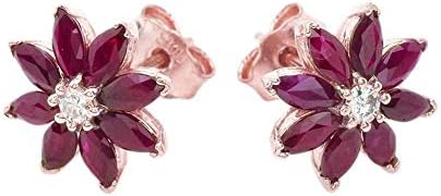 Exotic 14k Gold Daisy Diamond and Genuine Ruby Flower Stud Earrings