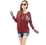 Doinshop Women's Long Sleeve Round Neck Tops Checked Loose Shirt Blouse Warm Tee