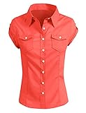LE3NO Womens Lightweight Fitted Short Sleeve Button Down Shirt
