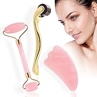 Jade Face Roller,Gua Sha Massager and Microneedle Derma Roller Facial Tool Set Natural Rose Quartz for Anti Aging Eye Puffiness Wrinkles and Firming Face Eyes Neck Body Treatment Skin Care Tool Kit