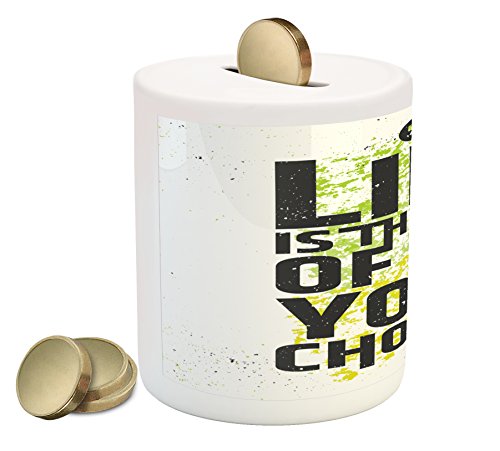 Lunarable Quote Piggy Bank, Grunge Backdrop with Meaningful Quote about Life Choices, Printed Ceramic Coin Bank Money Box for Cash Saving, Charcoal Grey Yellow Green Lime Green - Thumbnail 4