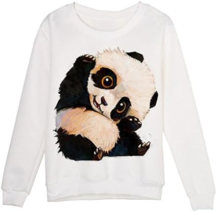 Womens Casual Cute Panda Print Round Neck Sweatshirt Tunics Blouses Tops White XS