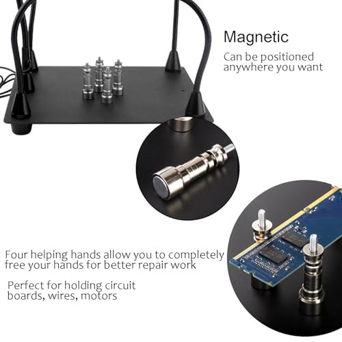 PFUTURE Helping Hands Soldering Station with 6X LED Magnifier – Third Hand Tool with 4 Magnetic PCB Holders, Flexible Arms, Non-Slip Weighted Base for Electronics Repair, Crafts, Jewelry, DIY